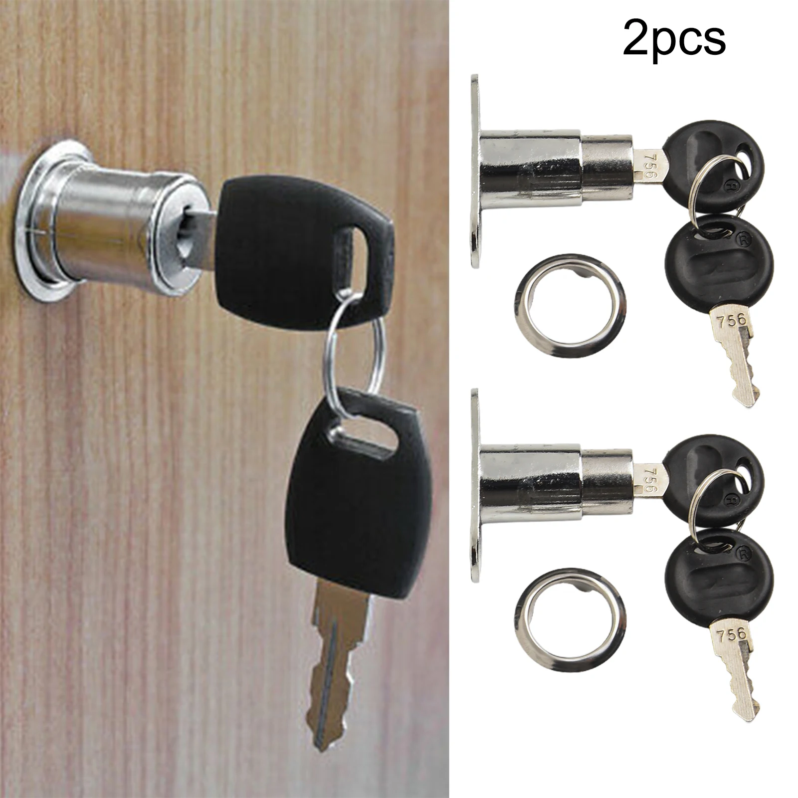 2 Set Cabinet Push Plunger Lock, Zinc Alloy Chrome Finish, 19mm Cylinder Diameter, 35mm Mounting Hole Centers Distance