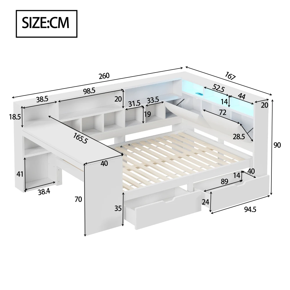 90x200 L-förmiges Plattformbett aus Holz mit Schreibtisch und Bücherregal, Eckkapitänsbett mit gepolstertem Kopfteil, Schubladen, LED-Licht – Detail 21