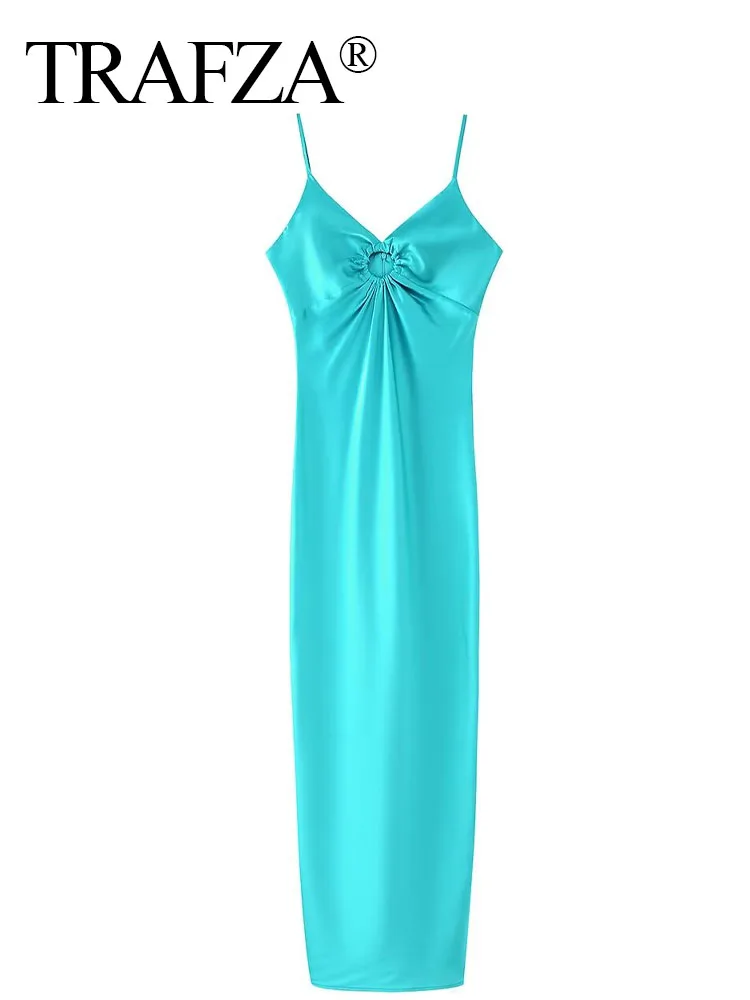 TRAFZA 2024 Women Summer Blue Satin Dress Sleeveless Backless Hollow Out Slim Long Dresses Woman Chic Sexy Party Female Dress