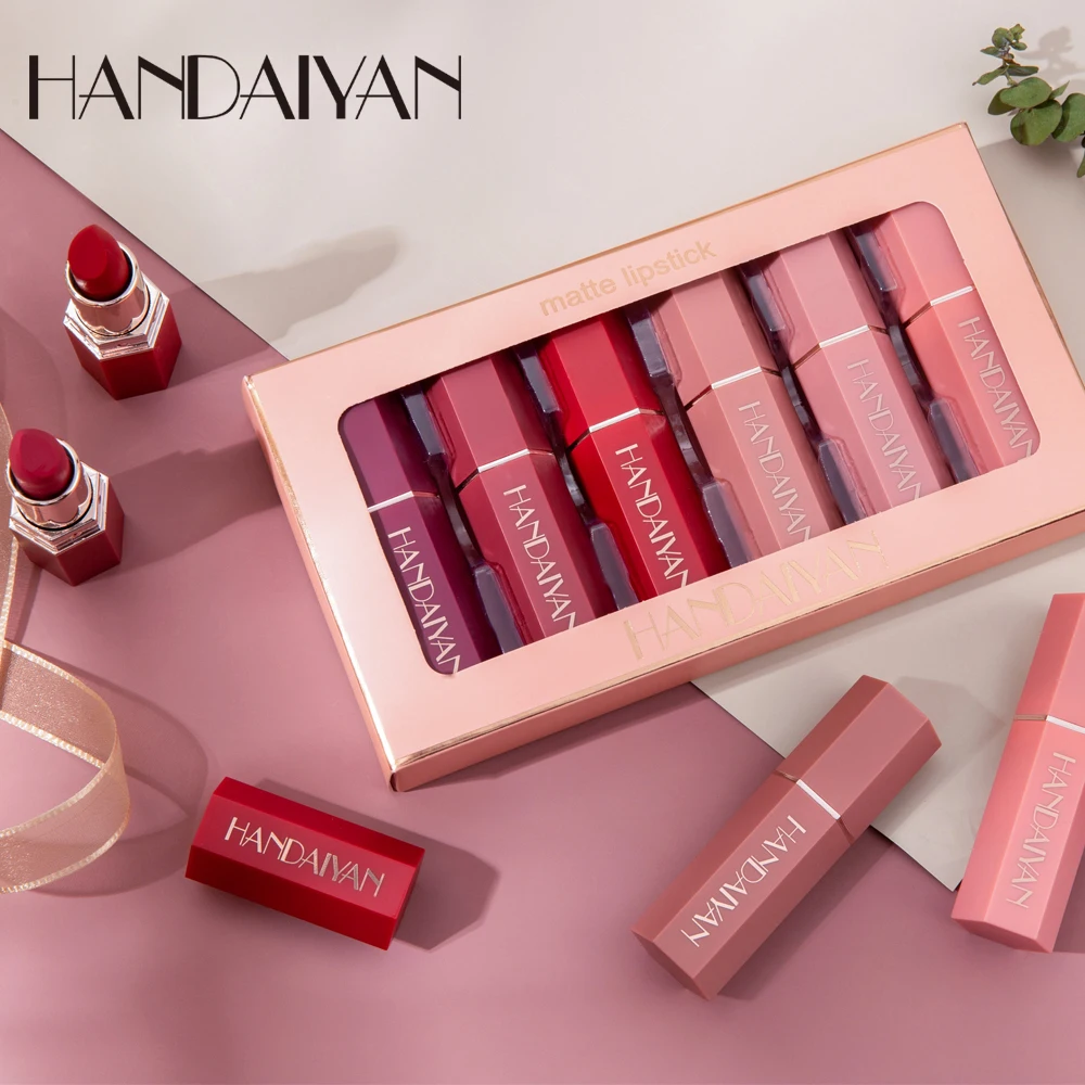 HANDIAYAN Nude Velvet Lipstick Kit 6 Colors/box Lips Makeup Cosmetics Cream Matte Lip Stick Set Waterproof Silky Lip Balm Pencil