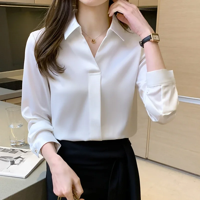 2024 Autumn Simple and Elegant Blue Shirt for Slimming Long Sleeves Turn Down Collar Chiffon Blouse Shirt Women Tops Traf C05