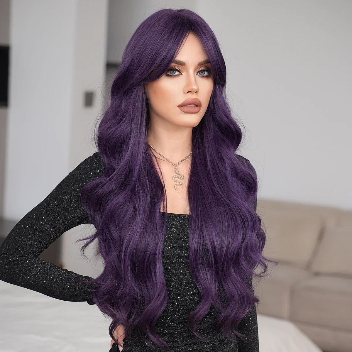 NAMM Costume Wig Synthetic Loose Water Wave Purple Wigs For Women Daily High Density Long Wavy Hair  Mid Split Wigs