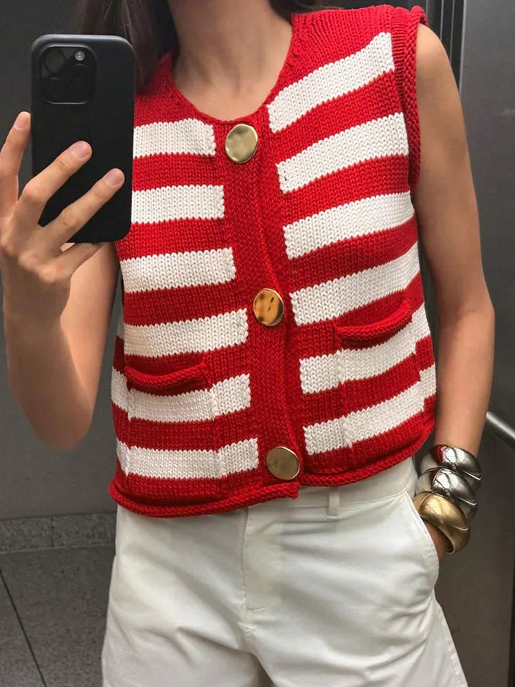Alta calidad, moda, rayas rojas y blancas, versátil, hebilla de Metal, chaleco tejido de lana, cárdigan, Tops, chaqueta sin mangas para mujer, nuevo