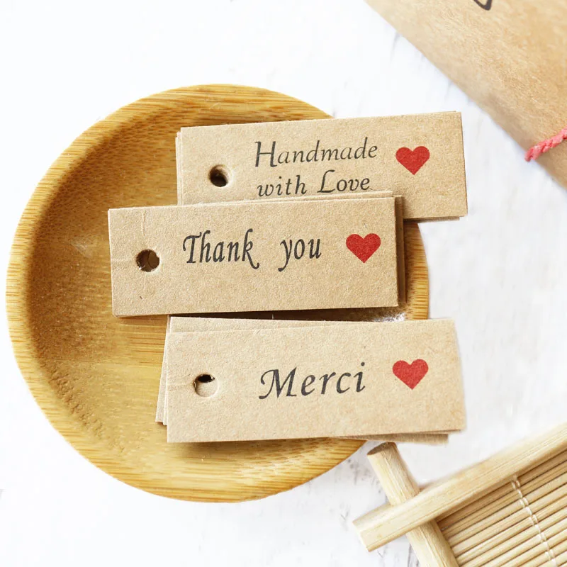 100pcs Handmade with Love Gift Tags Thank You Merci Kraft Paper Tag Gift Box Packaging Hang Tag Wedding Party Label Card