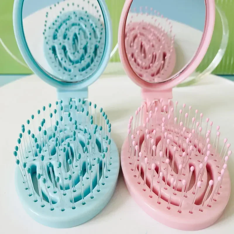 

2 in 1 Folding Hollow Comb Trave Portable Massage Scalp Mini Pocket Mirror Comb Hair Comb with Mirror Hair Brushes Styling Tools