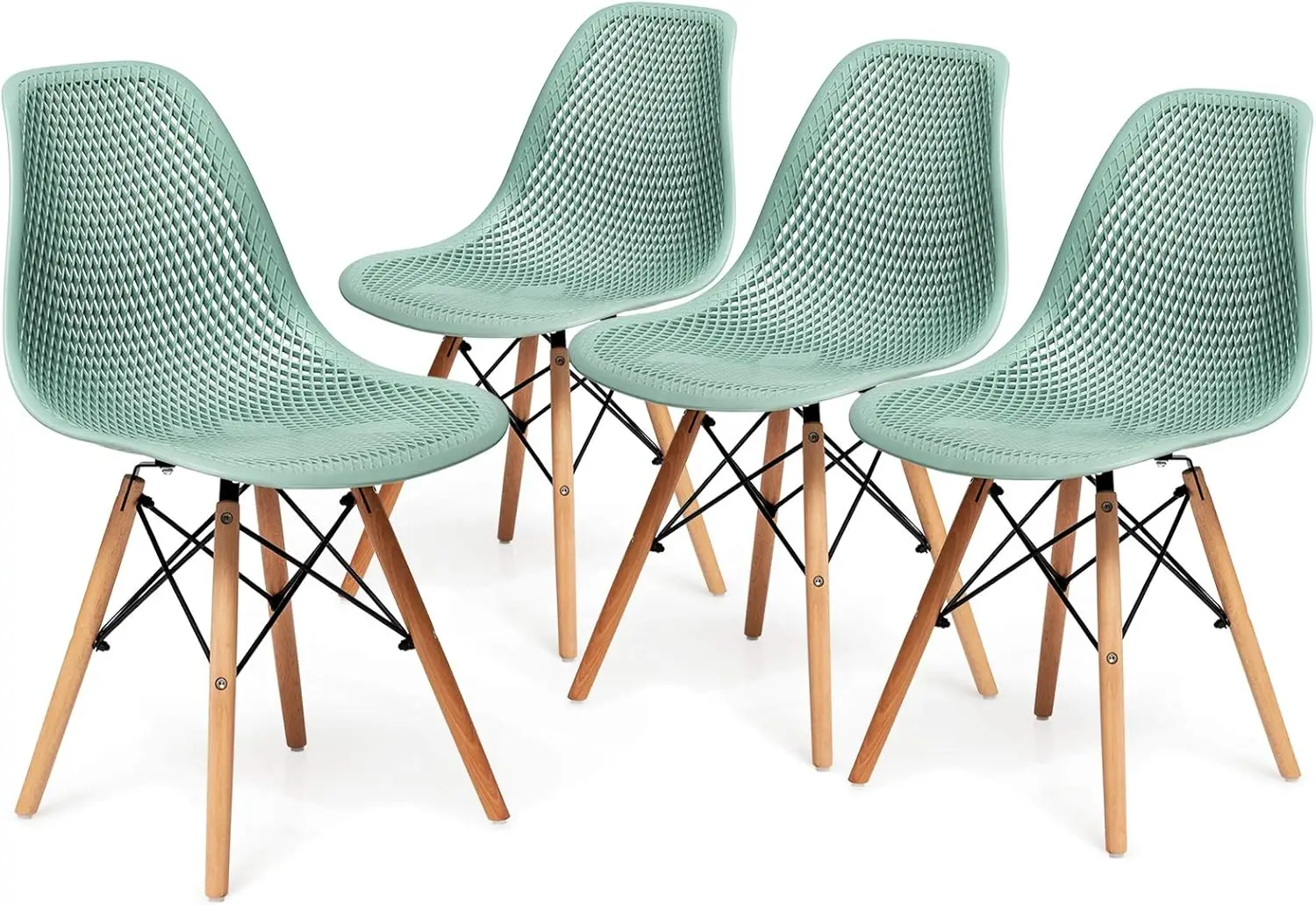 Set of 4 Modern Dining Chairs, Outdoor Indoor Shell PP Lounge Side Chairs with Mesh Design, Beech Wood Legs, Tulip Leisure Chair