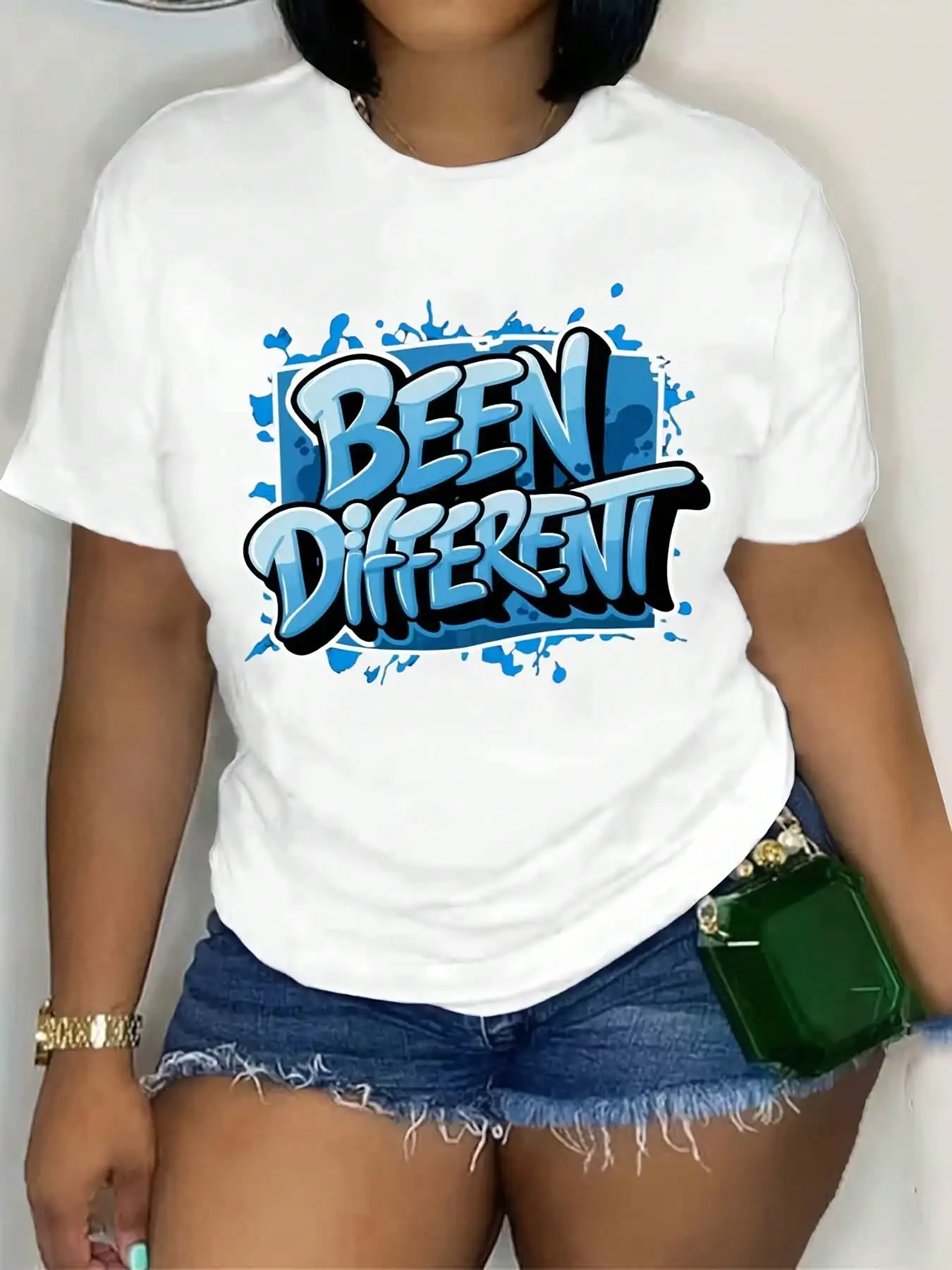 

Women's White T-Shirt with Blue Graffiti 'Been Different' Print, Casual Streetwear Style