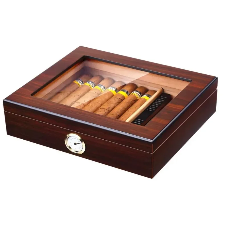 Handmade Cedar Cigar Humidor Tabletop Box with Built-in Humidifier and Hygrometer for Storing and Preserving Premium Cigars