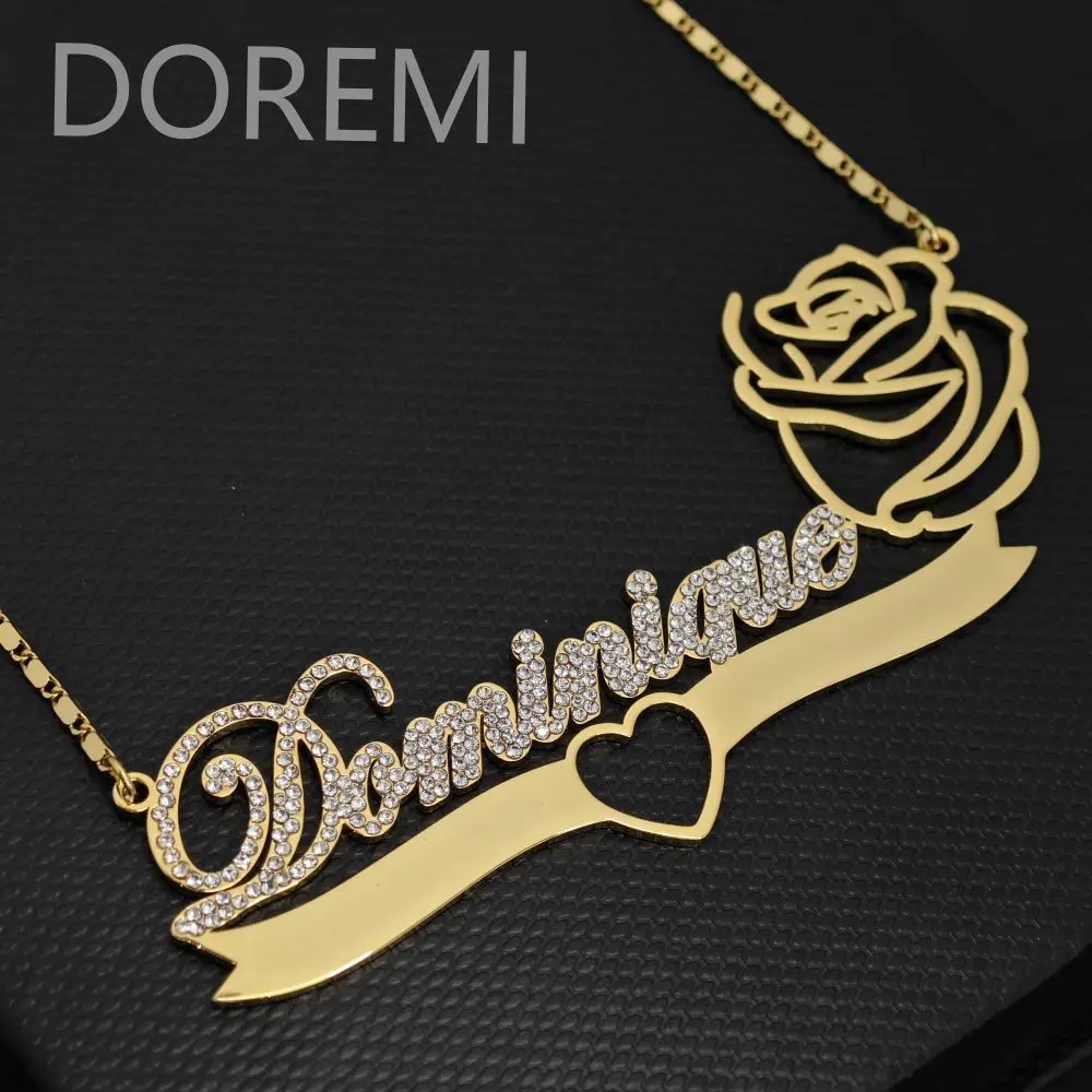 DOREMI Stainless Steel Personalized Gift Jewelry Crystal White Cz Name Zircon Rose Flower Necklace Women Gift Jewelry