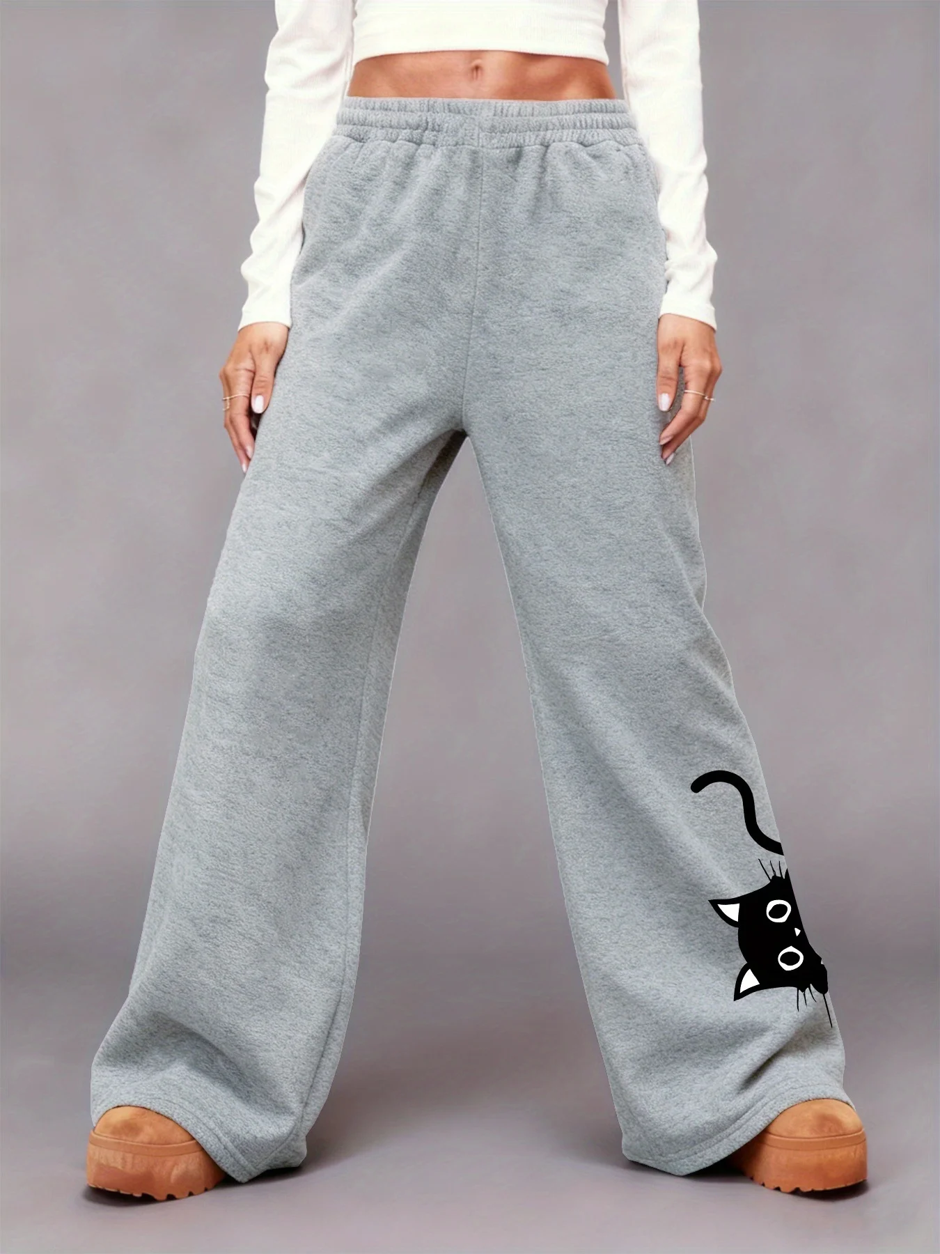 

New Women's Plus Size Spring Cat Pattern Printed Pants Fleece Elastic Waist Straight Leg Sweatpants Fashionable and Versatile