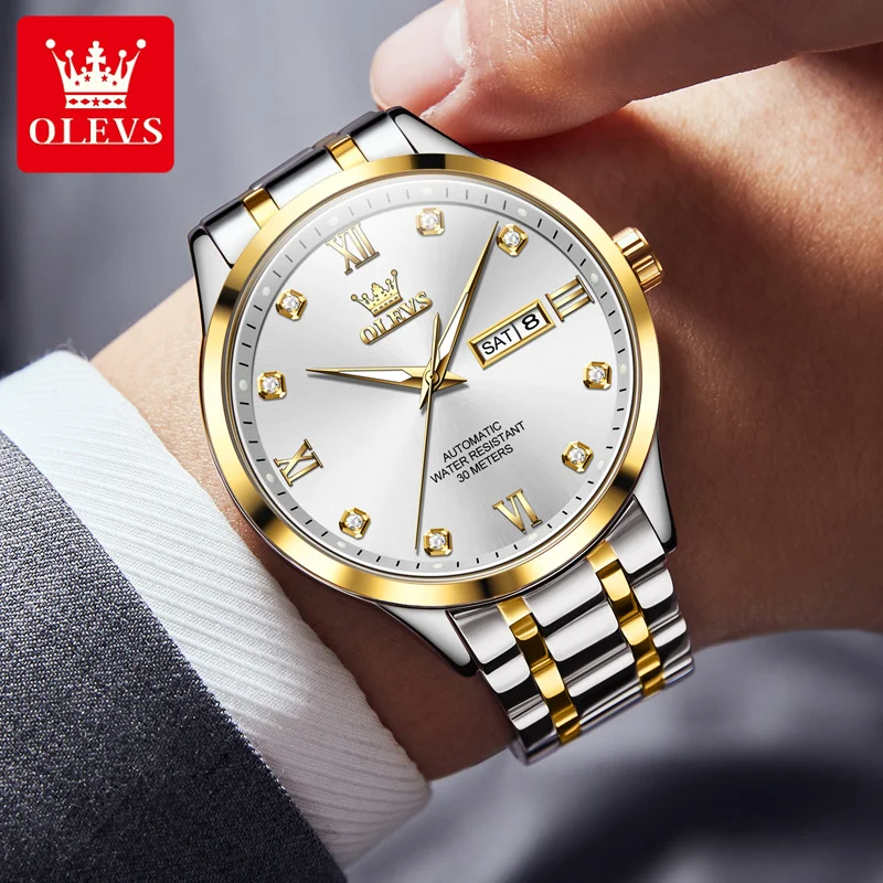 OLEVS 9946 New In Automatic Mechanical Watch for Man Luxury Diamond Dial Dual Calendar Display Auto Date Clock Waterproof Watch