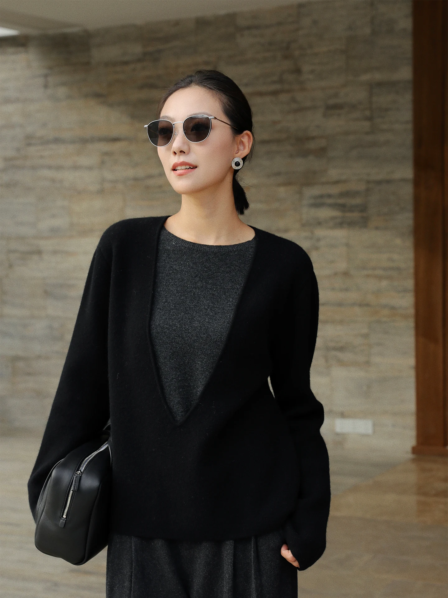 

Свободный вязаный свитер с V-образным вырезом и длинными рукавами для женщин, повседневный, имитация двухслойности, цветные блоки, весенняя новинка, внутренняя одежда