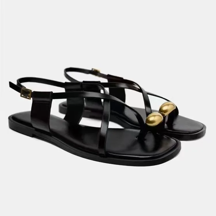 TRAF Women Black Casual Metal Flat Sandals 2024 Summer Open Toe Sandals Women Chic Square Toe Flip Flop Square Flat Heel Shoes