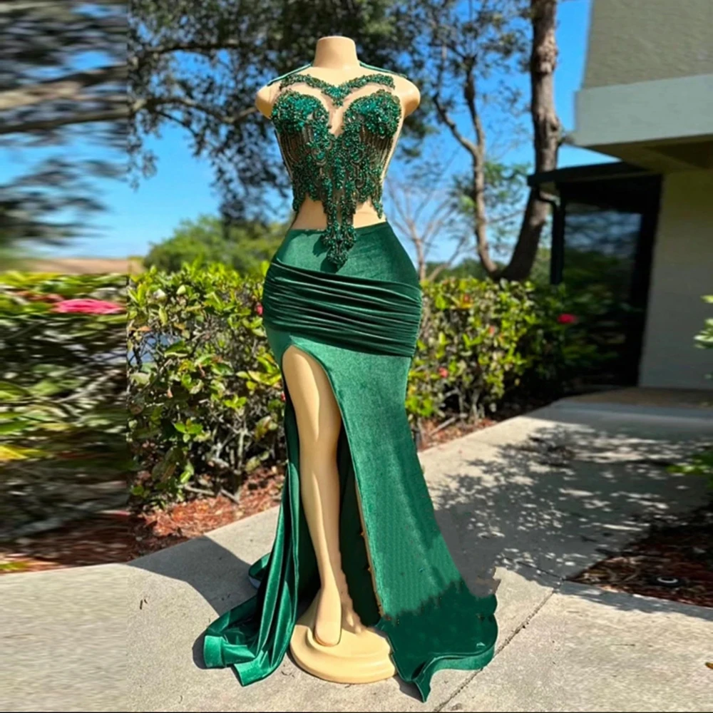 Luxury Beaded Tassel Evening Gowns Sexy Hollow-out Satin Mermaid Formal Prom Dress High Slit Draped Long Celebrity Dresses