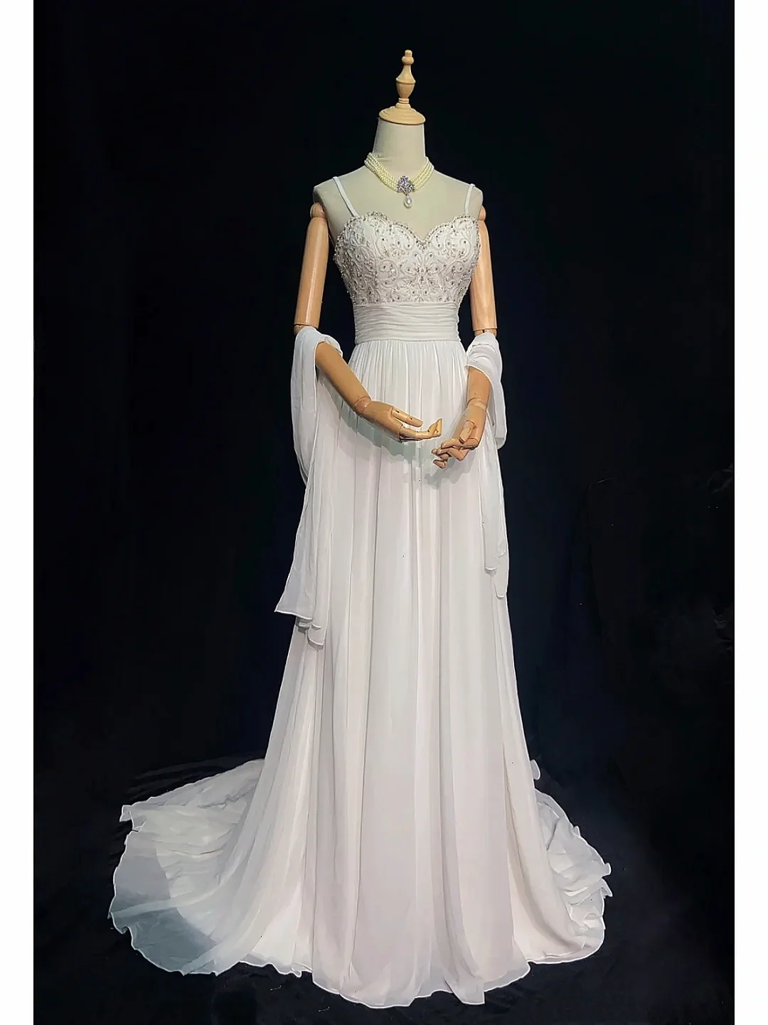 

White Gorgeous Evening Dress Sweetheart Beading Print Lace Spaghetti Strap Pleated Shawl Chiffon Wedding Banquet Prom Party Gown