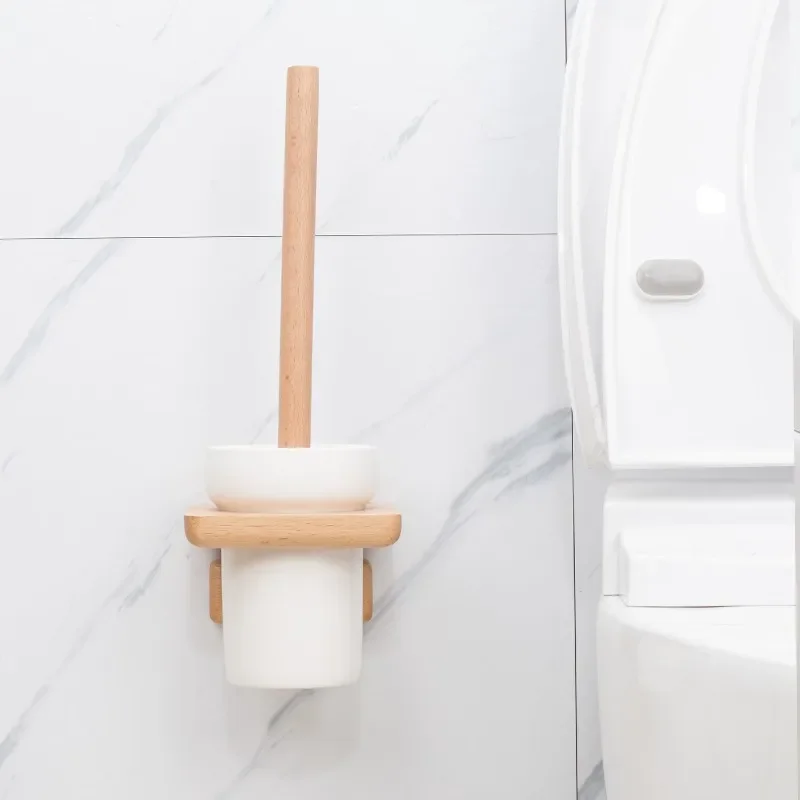 Black Walnut Solid Wood Toilet Brush with Ceramic Cup Dead-Angle-Free Wall-Mounted Bathroom Toilet Cleaning Brush Set