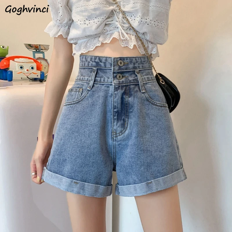 Shorts Women Summer Lady Teens Leisure Simple Thin Denim High Waist All-match Fashion Cute Button Solid Soft Korean Style Chic