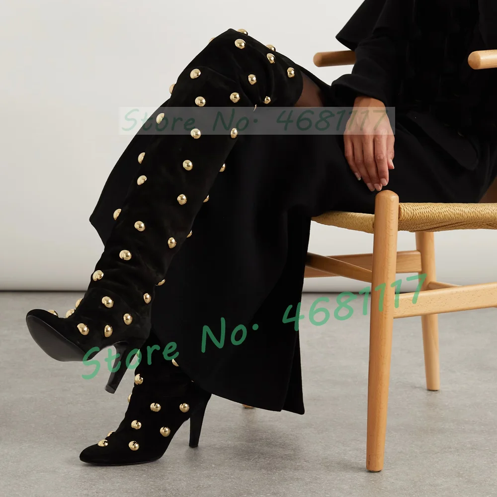 Gold Studded Suede Over Knee Boots Women Trendy Metal Decor High Heels Long Boots Round Toe Lace Up Catwalk Party Dress Shoes