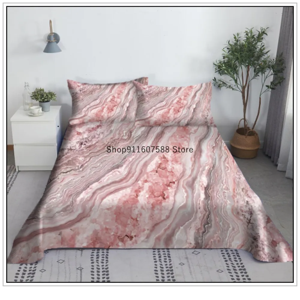 Pink White Marble Sheet Set 3D Printed Bed Flat Sheet With Pillow Cover Soft Soft Polyester King Queen Full Twin Size Custom