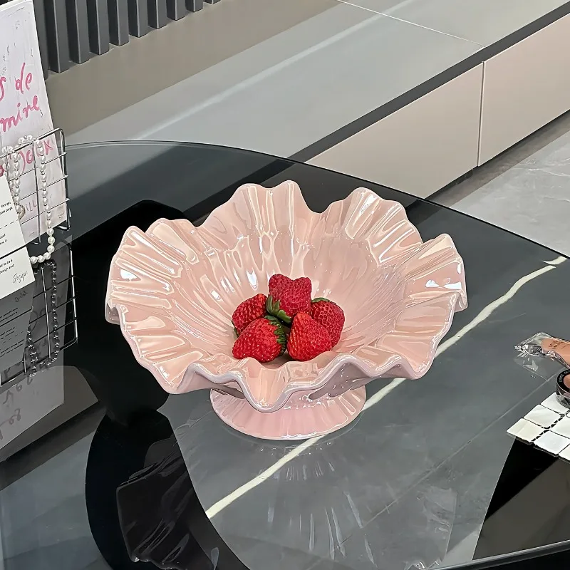 Elegant Scalloped Ceramic Snack Tray High Fired Fruit Dish Decorative Centerpiece for Coffee Table Living Room Home Decor