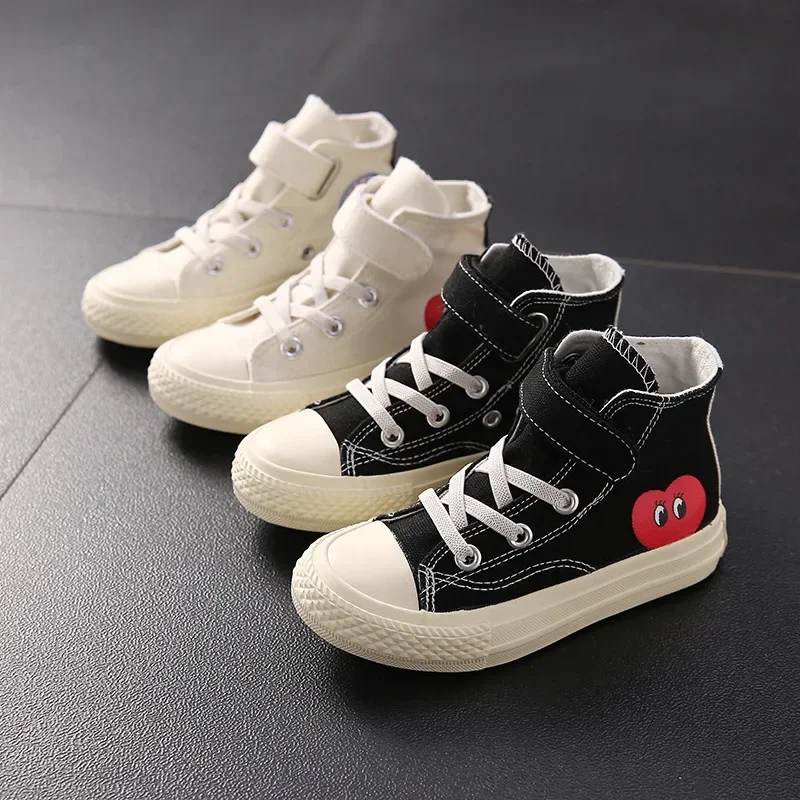 Cartoon Heart Shaped Pattern Children's Canvas Shoes Hook Loop Sewing Thread Round Toe Non Slip Soft Thick Sole Shoes Breathable