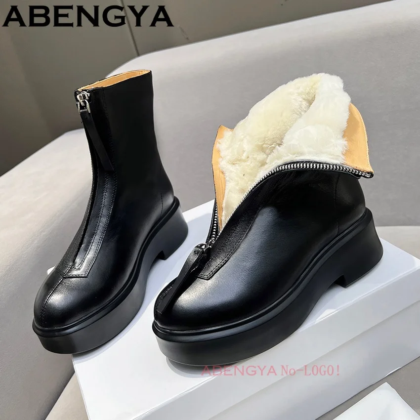 

Warm Winter Wool Flat Snow Boots Women Thick Sole Front Zipper Fur Shoes For Woman Cow Leather Warm Short Boots Woman