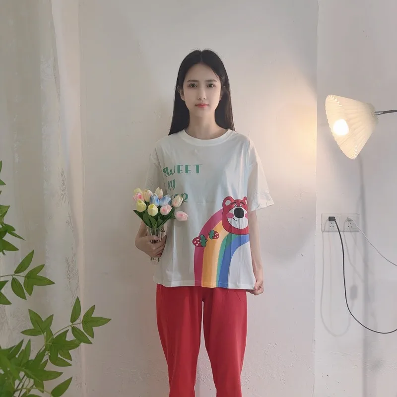 Pyjama à col rond ours fraise, ensemble pantalon à manches courtes, dessin animé Sanrio, doux et décontracté, vêtements de maison, printemps et été