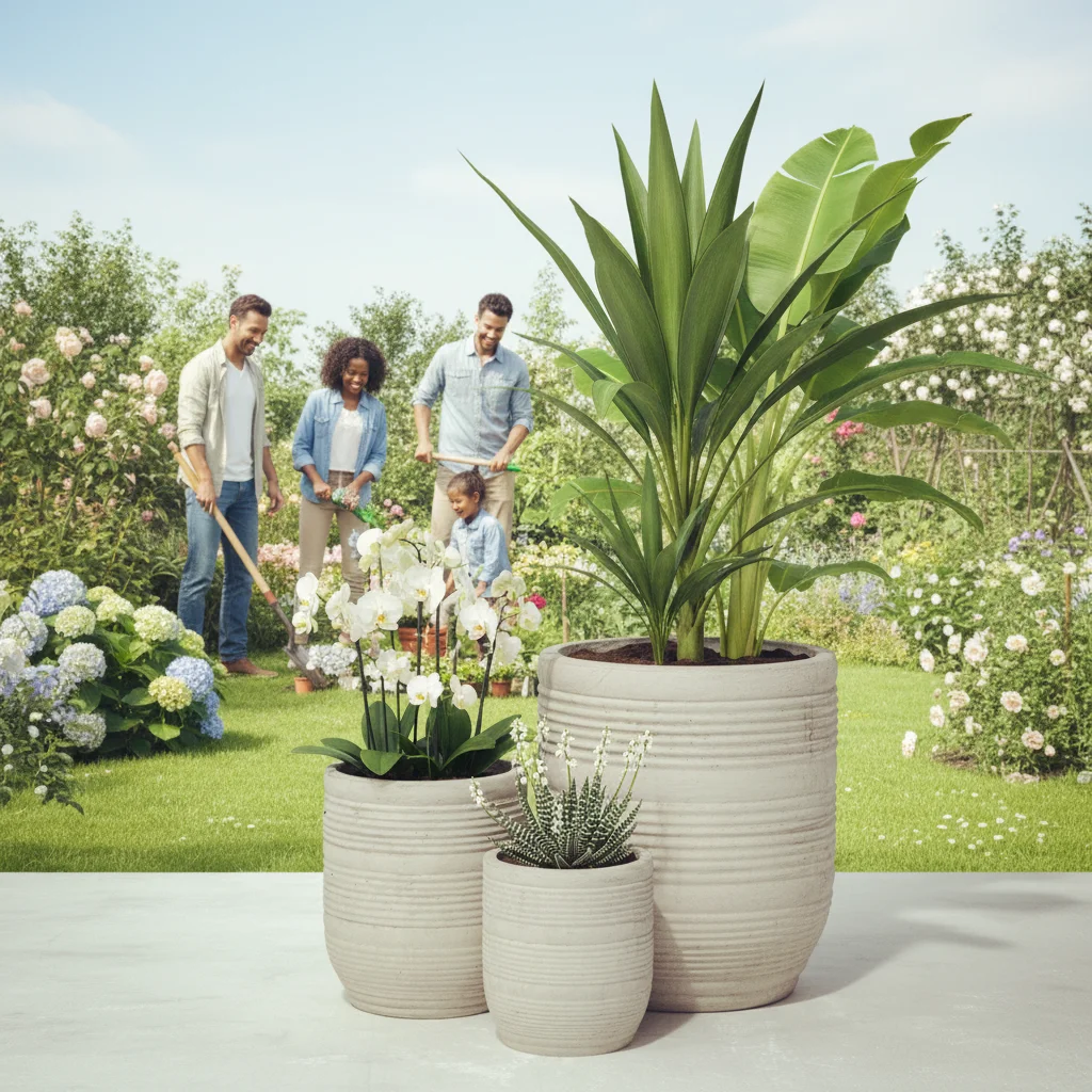 Set of 3 Antique Fiber Stone Flower Pots Elegant Planters for Indoor and Outdoor Use