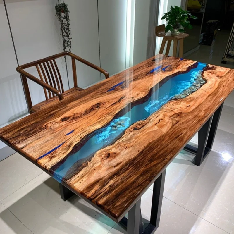 custom.Luxury Customized Epoxy Resin Rive Rectangular Dining Table Set Handmade Wooden Table Kitchen & Living Room