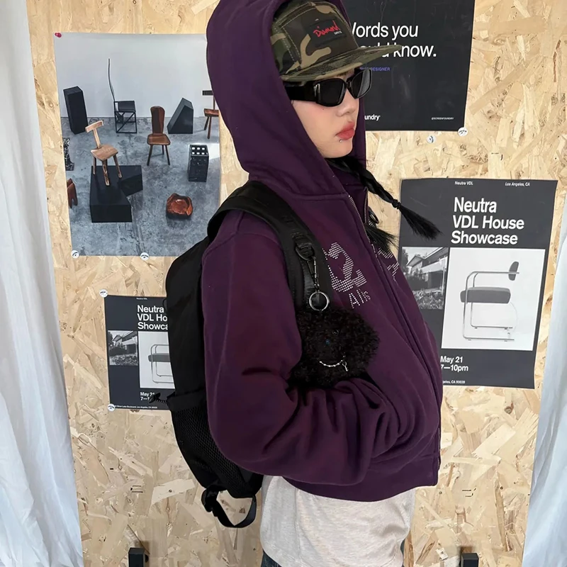 الأمريكية خمر الثقيلة هوديي المرأة طويلة الأكمام زمم حجر الراين البلوز Harajuku Y2K الجمجمة الشارع معطف غير رسمي