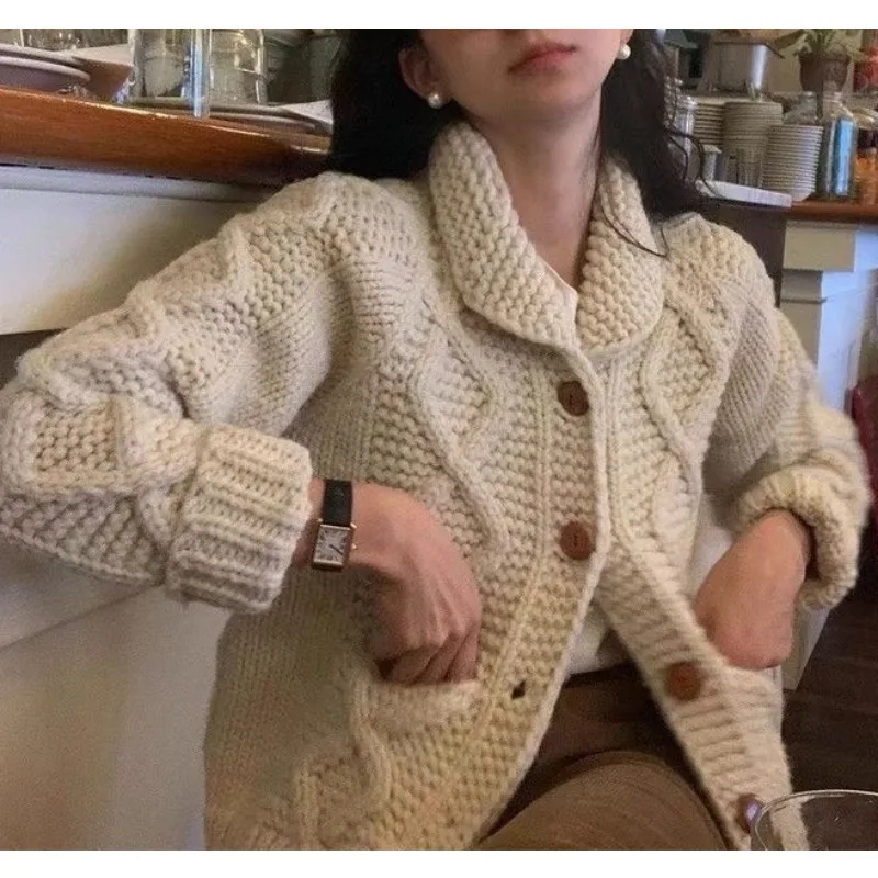 Heavy Industry Coarse Needle Twist Sweater Lapel Pocket Autumn and Winter Jacket