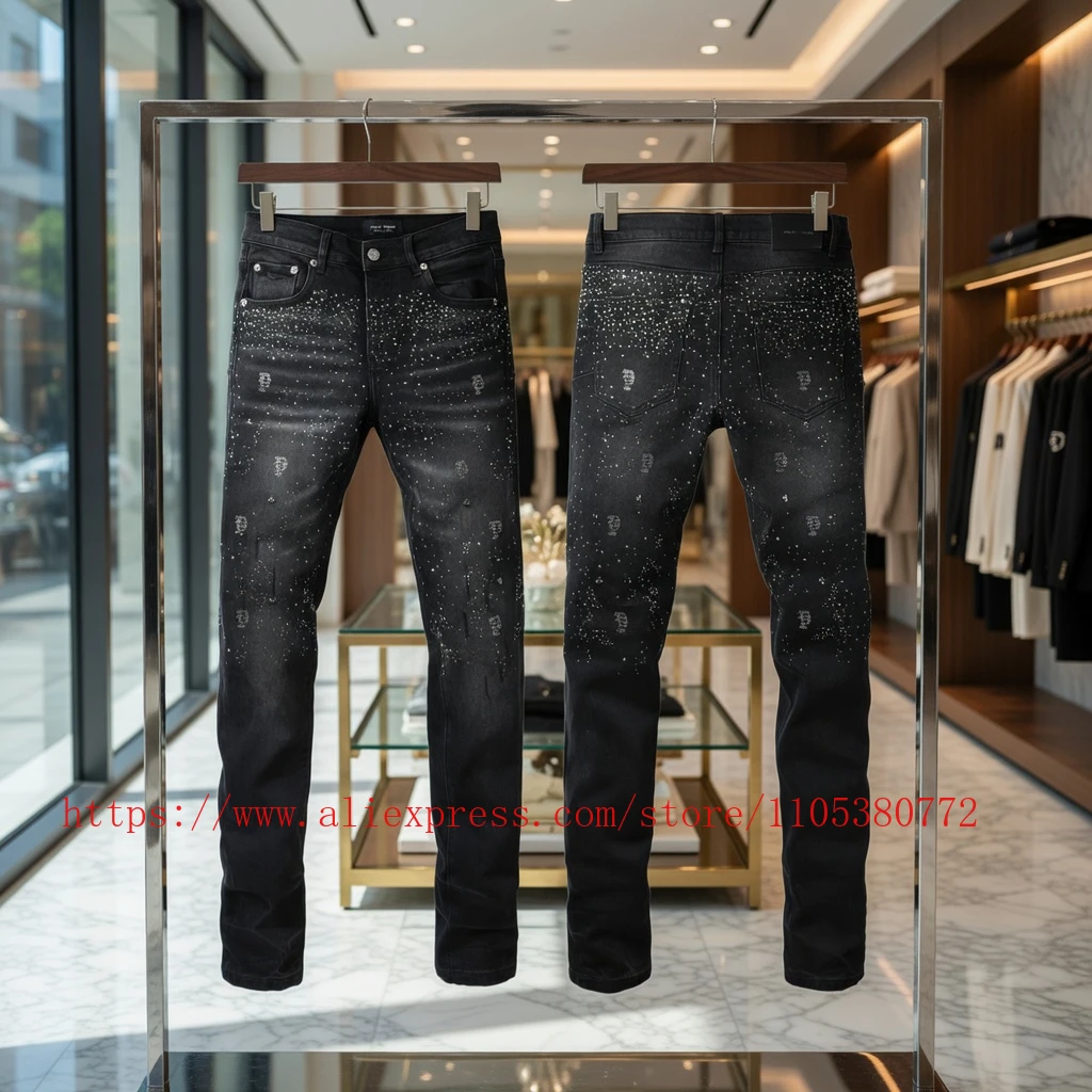 

Джинсы Y2K унисекс черные с полным стразовым декором в виде черепов, зауженные, с эффектом потертости, на пуговицах, в стиле High Street Fashion, длинные брюки