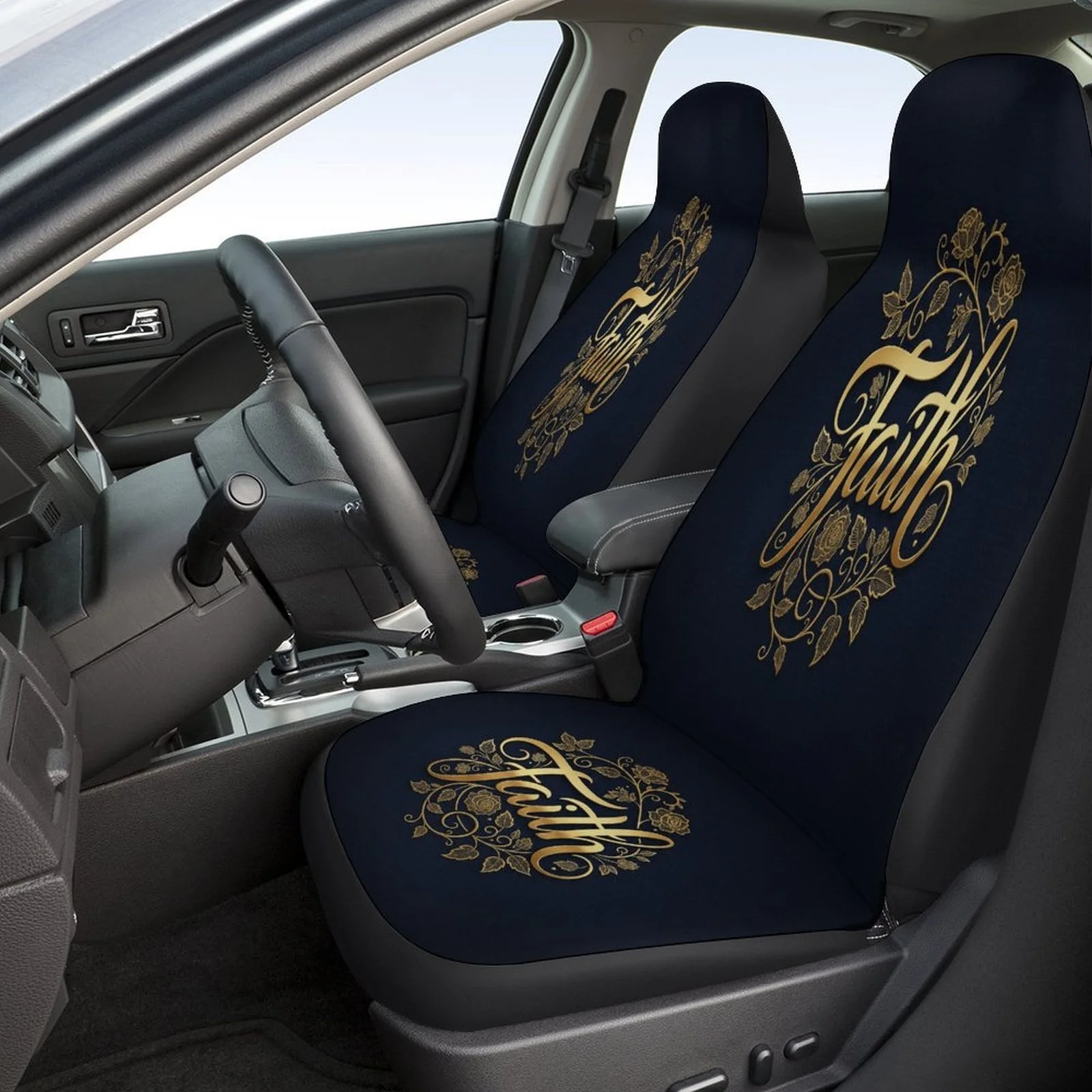 Set Of Car Seat Covers Featuring A Faith Pattern, Suitable For A Variety Of Vehicles. Stylish And Durable, This Complete Set Inc