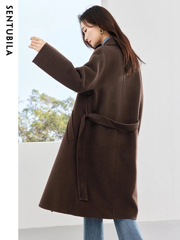 SENTUBILA 2024 Winter Long Belted Woolen Coat Women 100% Wool Double Breasted Double Sided Wool Jacket Woman Outerwear W34O49252