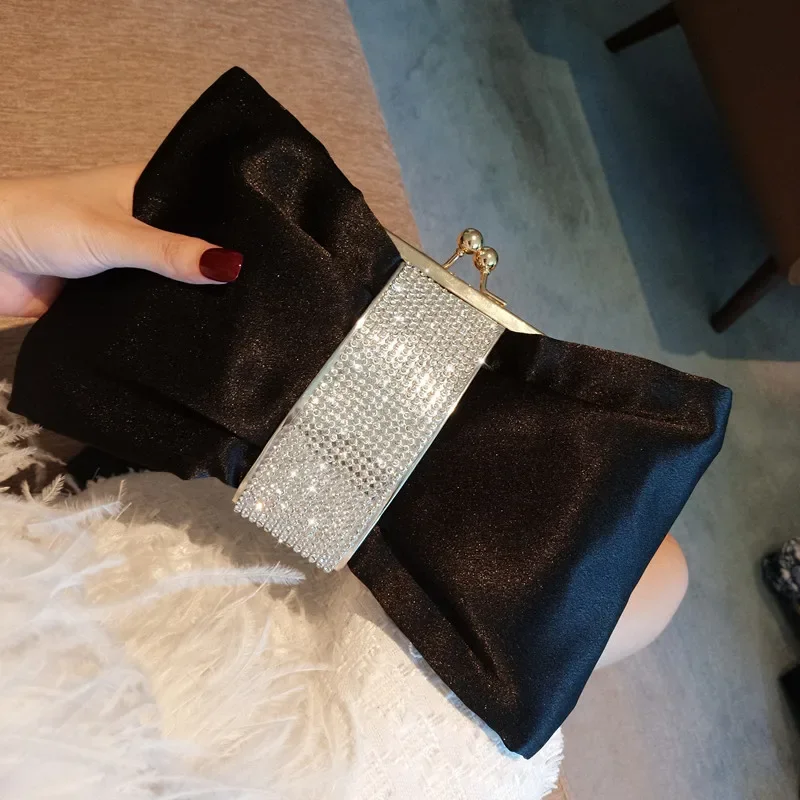 Bow women Cutch bag Luxury Party Satin Diamond Ladies Evening Bag lady Clutches small Chain messenger bags female wallet black