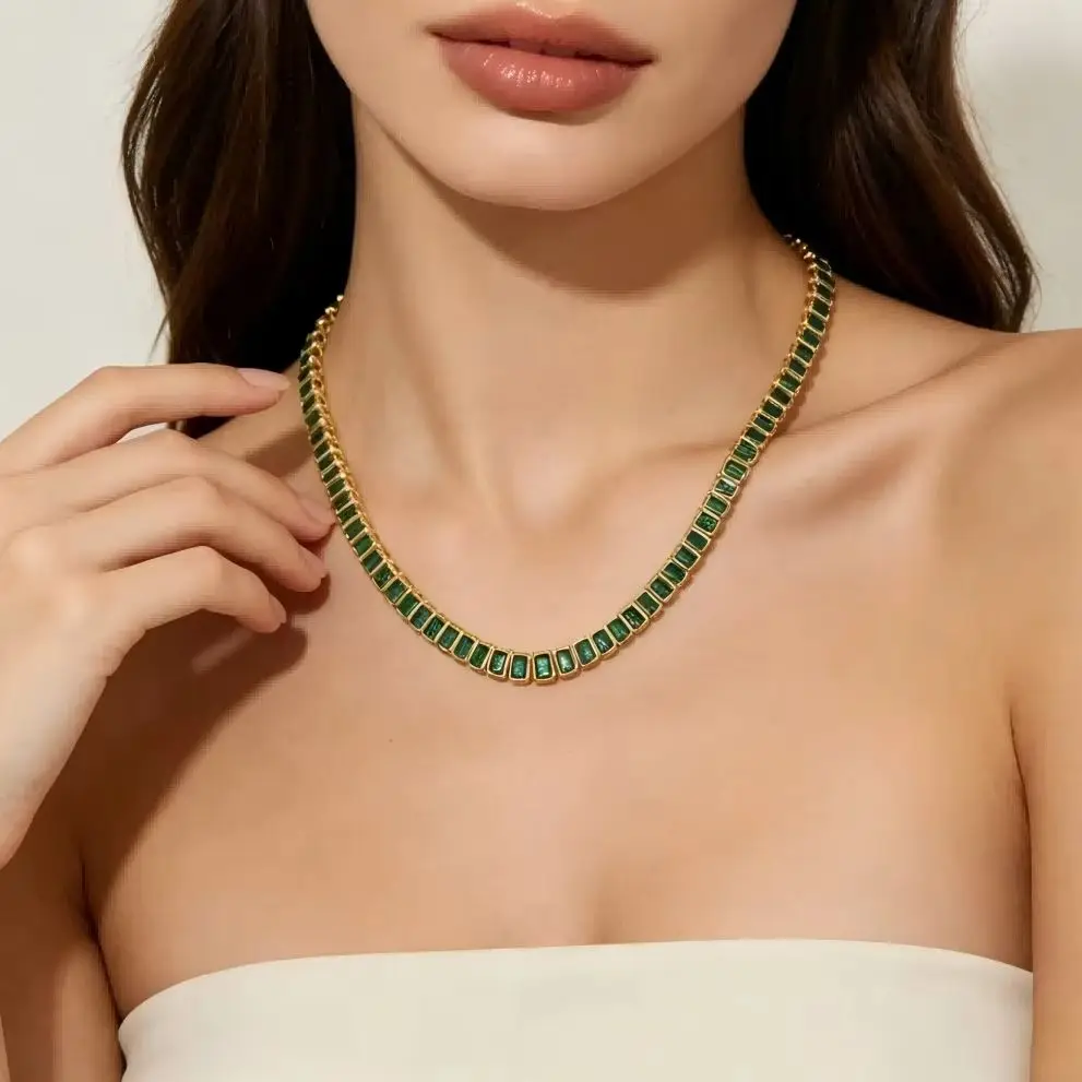 Luxury Emerald Rectangle CZ Tennis Necklaces for Women Paved Green Cubic Zirconia Gold Plated Color Fashion Jewelry for Party