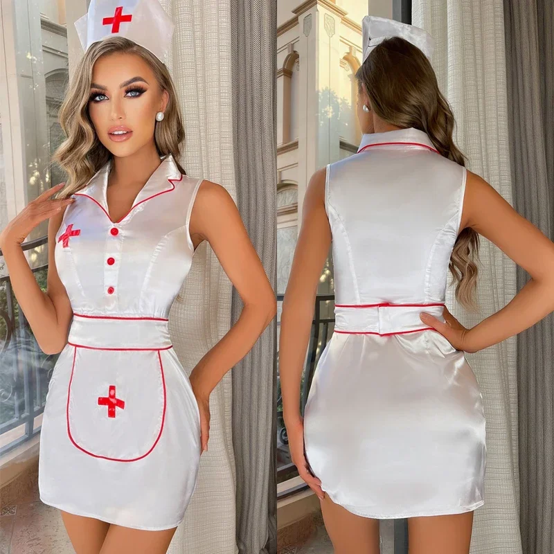 New Arrival Women's Sexy Sleeveless Roleplay Nurse Lingerie Dress Holloween Party Cosplay Costumes Lady Fliter Short Babydoll