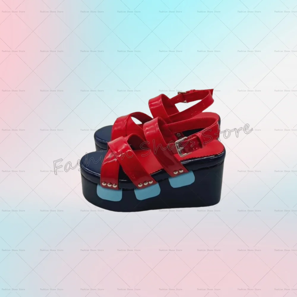 

Red Cross Strap Buckle Strap Sandals Patent leather Women Shoes Wedges Heel Party Banquet Dating 2025 Zapatos Para Mujere