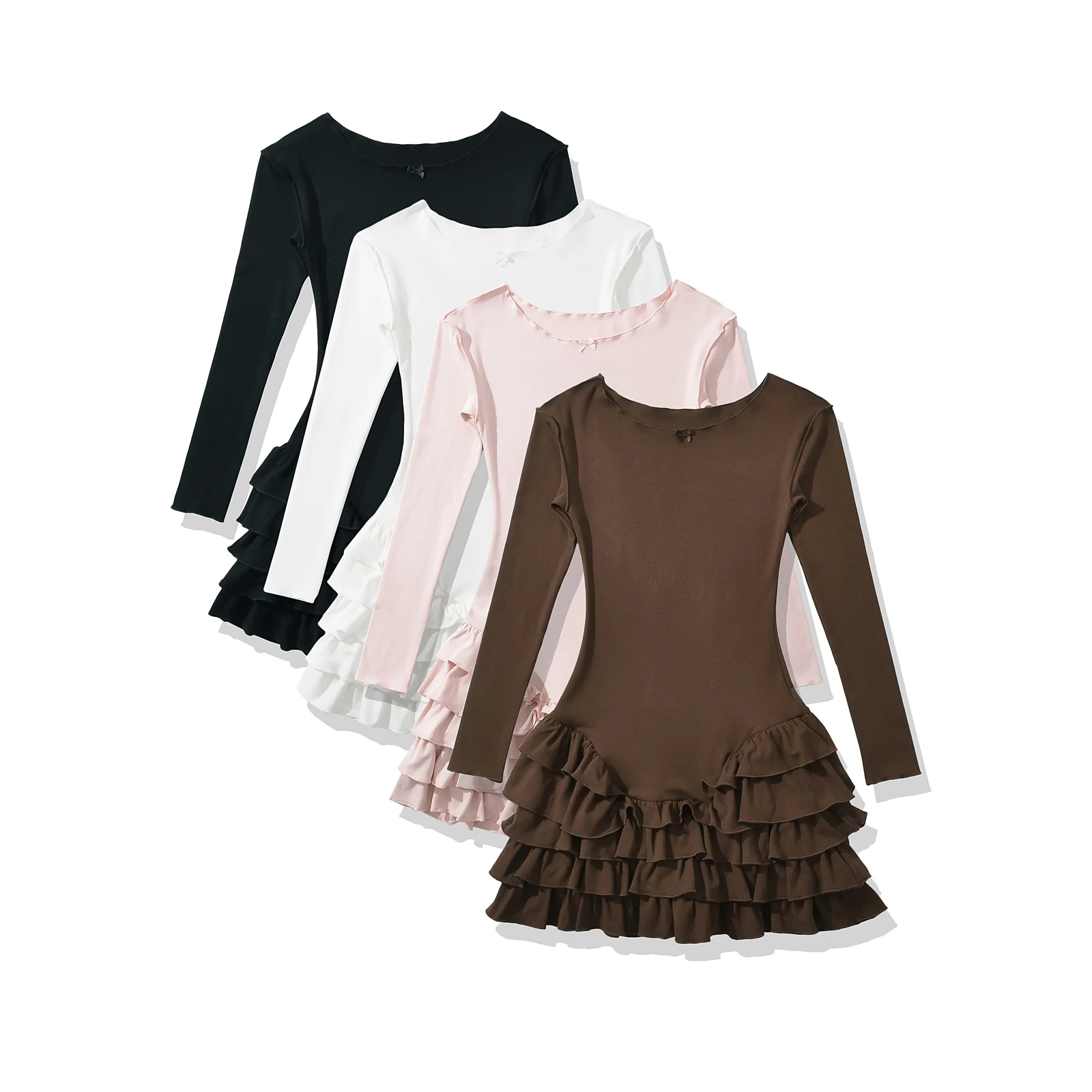 2025 sexy orelhas de madeira em camadas babados hem vestido de manga longa feminino o pescoço cintura baixa magro vestidos curtos mini robe