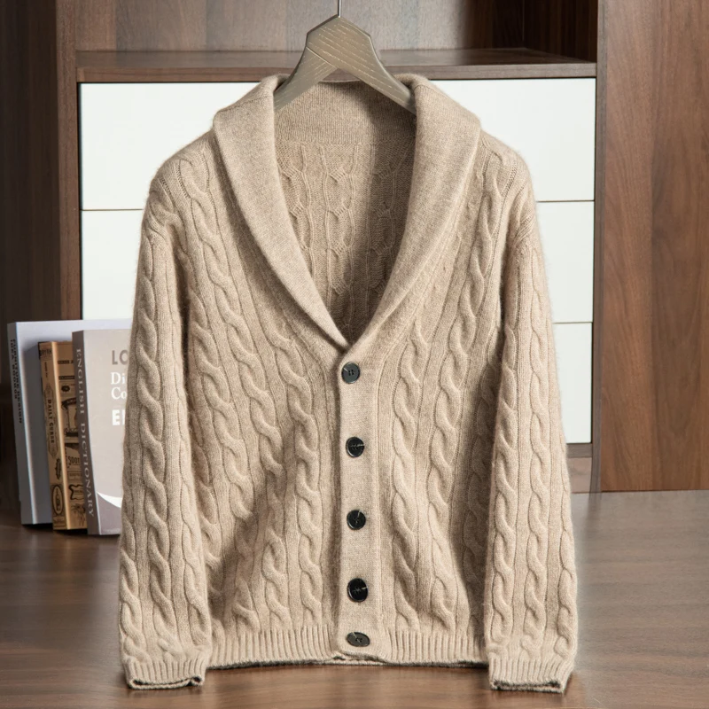 Autumn Winter New 100% Pure Cashmere Sweater Men\'s Green Fruit Neck Knitted Cardigan Business Casual Shirt Coat Thickened Warm