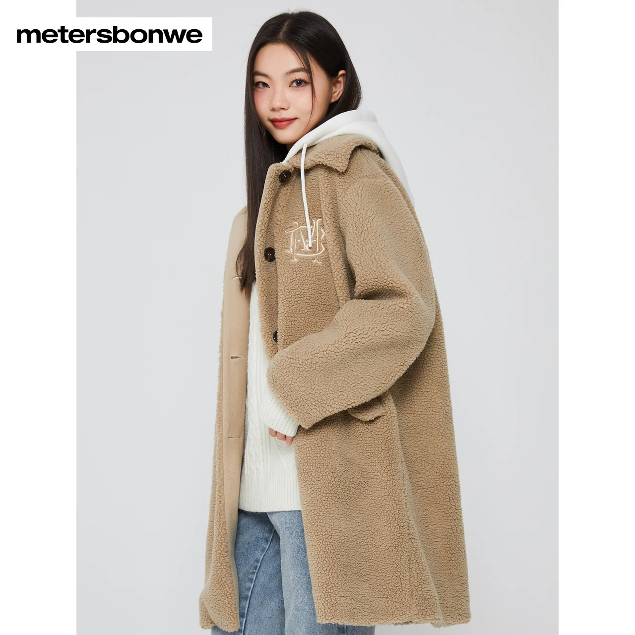 Metersbonwe-女性の膝丈のオーバーコート、模造ラムウール、パッチワークニットフード、厚くて耐寒性の暖かい服、秋と冬