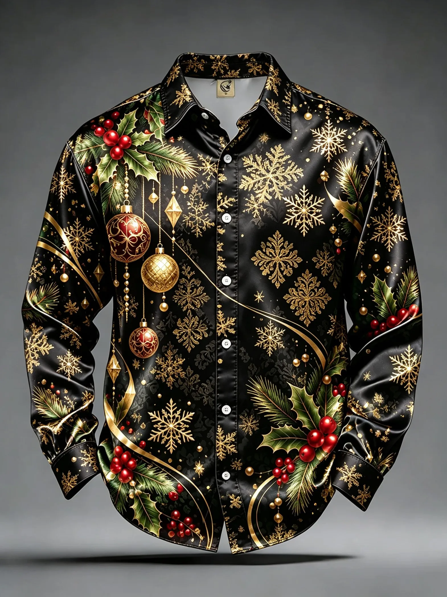 Men's Satin Long Sleeve Shirt Christmas Holly Snowflake Print Holiday Button Up Shirt