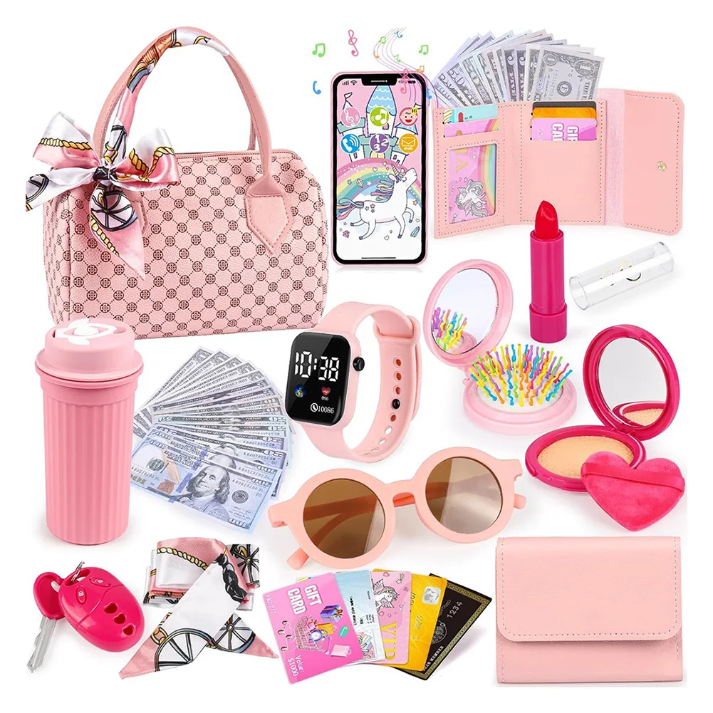Little Girls Play Purse Kids Pretend Play Purse Cell Phone/Makeup/Keys Princess Makeup Purse for Girls Christmas Birthday Gift