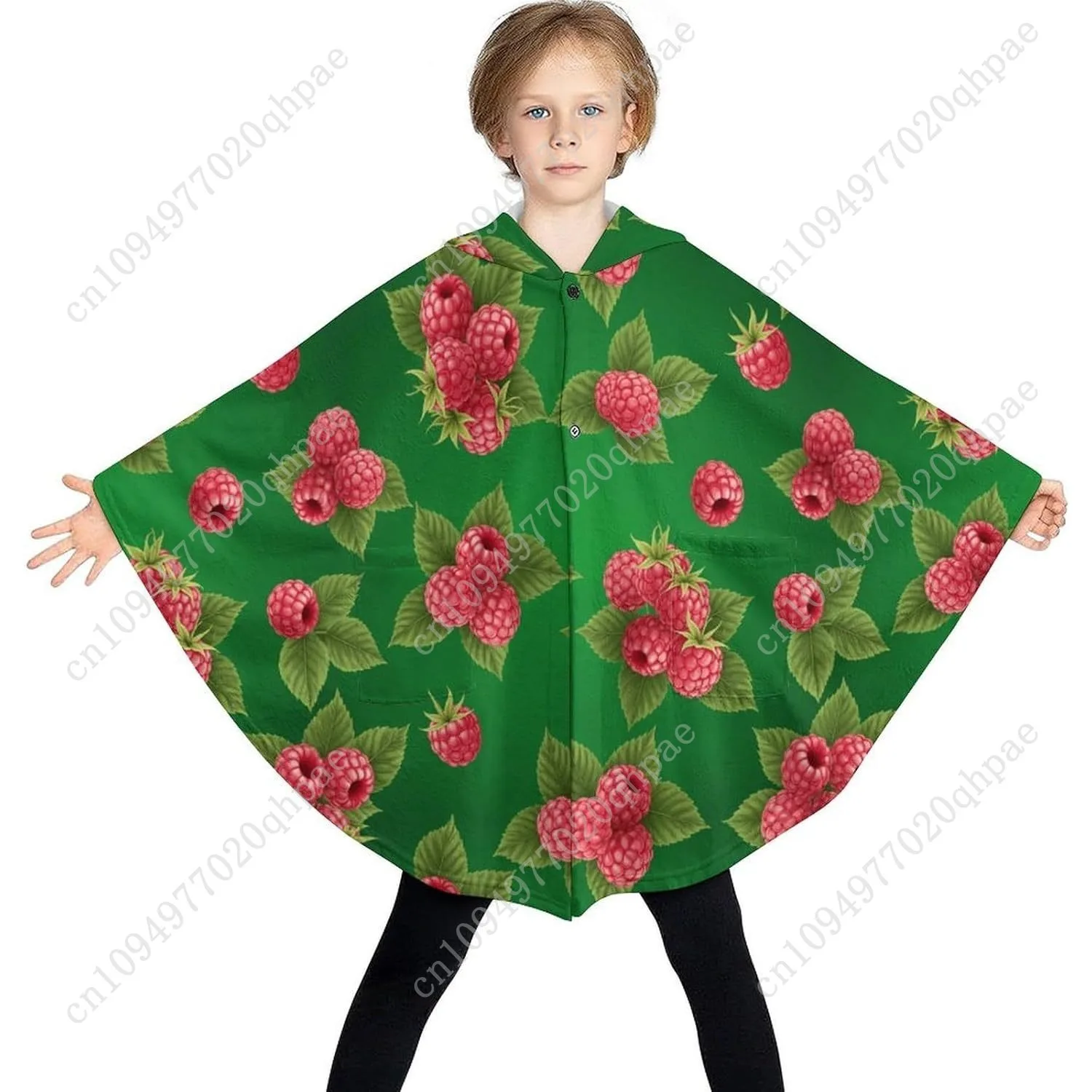 Acogedor suéter de manta de franela, patrón de frambuesa sobre sudadera verde de gran tamaño con bolsillos para niños y adolescentes