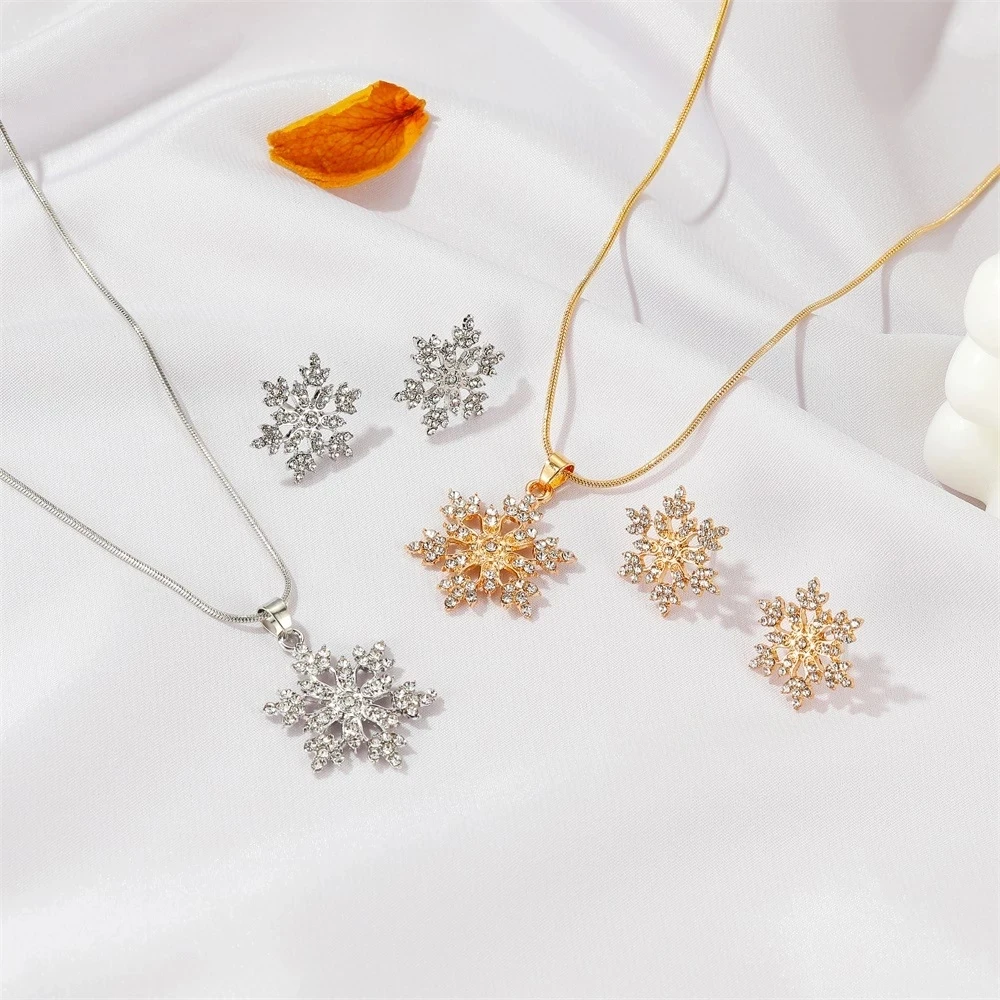 Luxury 925 Silver Gold Color Snow Flower Wedding Engagement Jewelry Set For Women Pendant Necklace Earrings Set Fashion Jewelry
