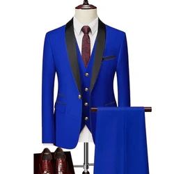 Fashion Gold Button Suits Men Slim Fit 3 Piece Jacket Vest Pants Set Groom Wedding Peaked Lapel Tuxedo Business Dress Blazers