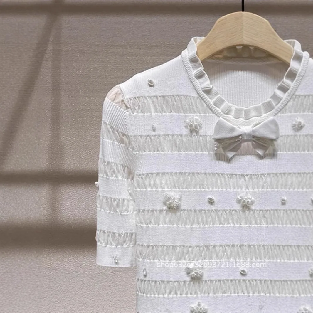 2025 Summer New White Bead bow Knitted Short-sleeve Tshirt Top Fashion Casual Versatile Women's High-end Elastic KnitwearT-shirt