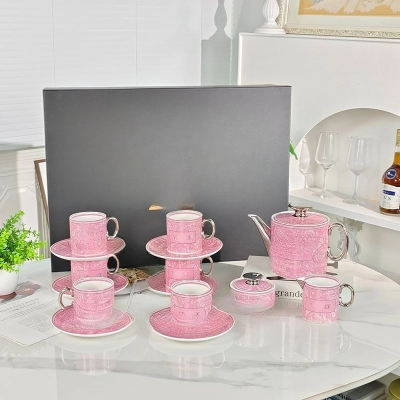 

European-style ceramics, pink 15-piece coffee set, household coffee cup and saucer, high-value fashion gift box set.