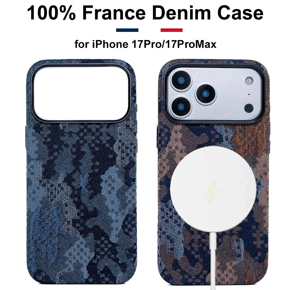 

100% France Denim Phone Case for iPhone 17 16 Pro Max With Magsafe Camera Button Magnetic Cover luxury Cotton Fabric Retro Case