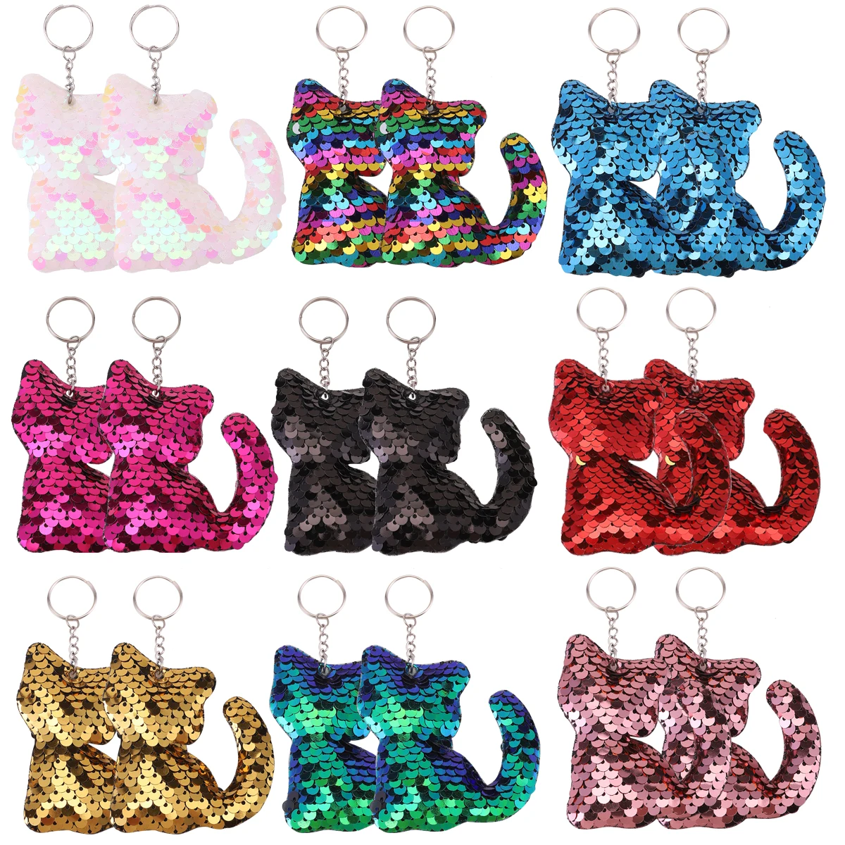 18Pcs Reversible Sequin Cat Keychains, Glittering Sequins Keyring For daily wear Party Favors, Backpack Decorations